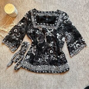 Alfani Black White Floral Silk Blouse Tie Waist Size 4 #12